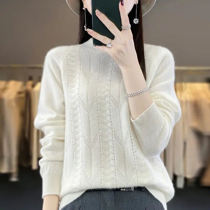 Women Stylish Simple Hollow Soft Cashmere Basic Knitted Sweater Solid O Neck Long Sleeve Loose