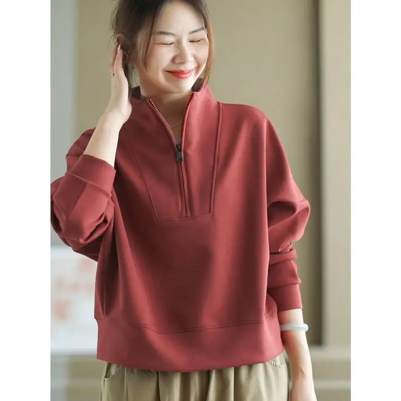 Fashionable and Casual Stand up Collar Sweatshirt Women in Spring and Autumn Loose Semi zipper