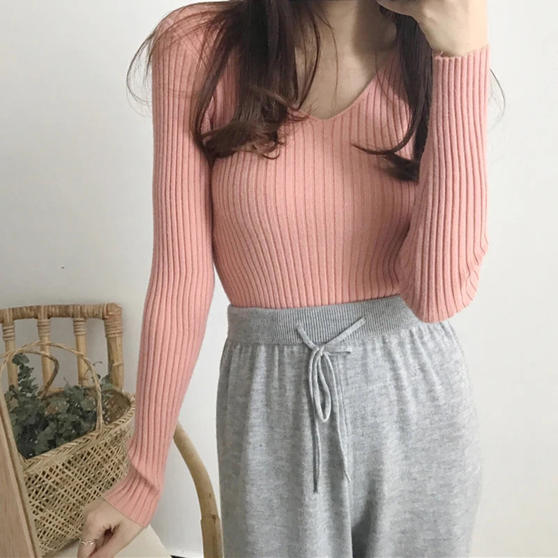 Heliar Dames V-hals Slim Sexy Trui Gebreid Lange Mouw Effen Onderkant Trui