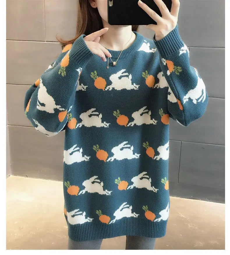 Retro Medium to Long Length Outerwear Fashionable Versatile Women s Sweater Wide Elastic Knitted