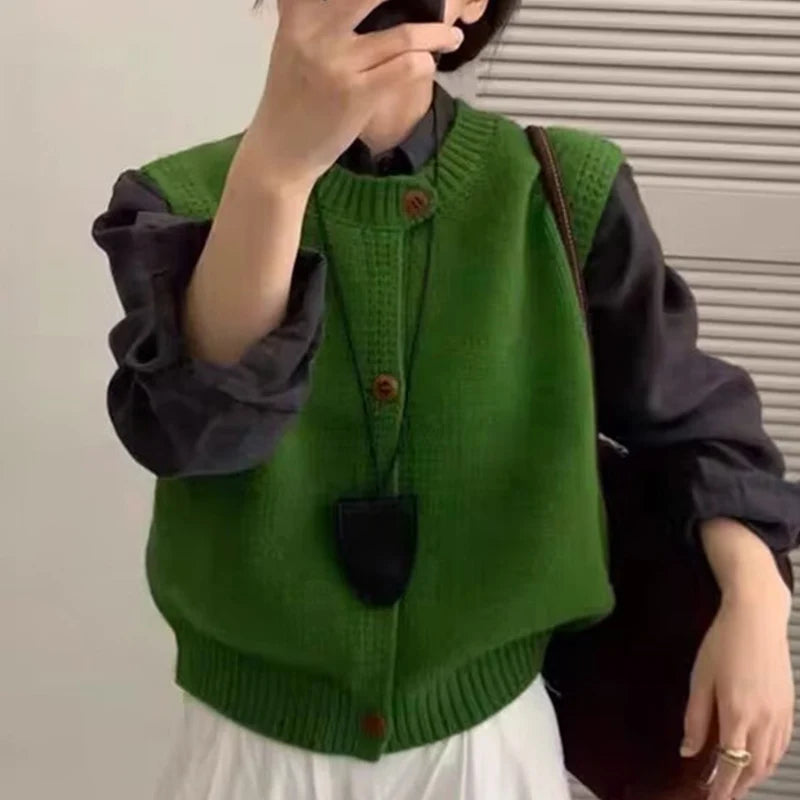 Chic Crew Neck Vest Cardigan for Women Single Breasted Knitted Vest Woman Spring