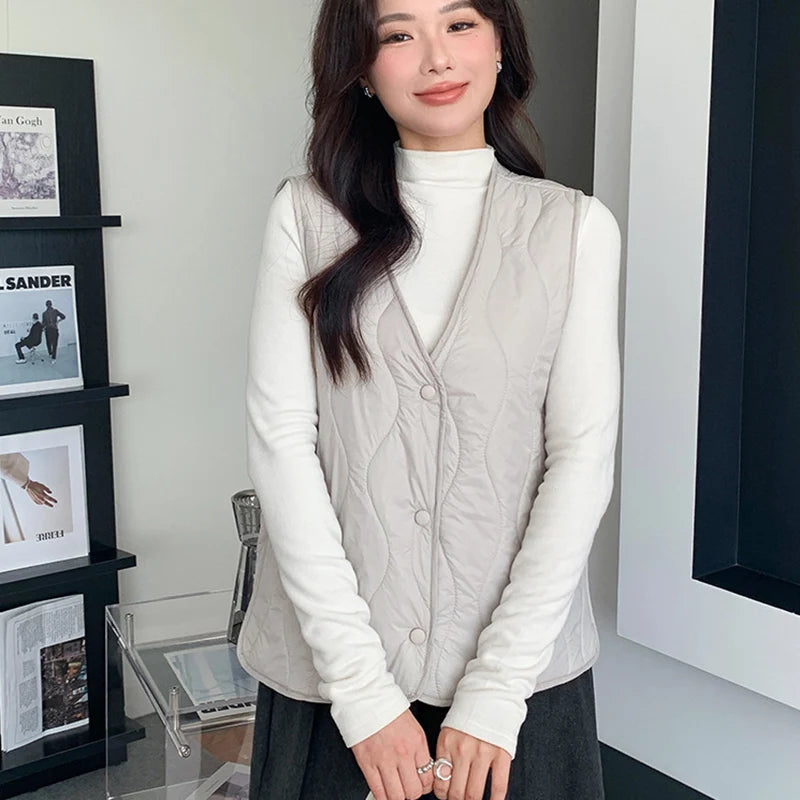 Lichtgewicht katoenen vestjas voor dames, Koreaanse V-hals, warm, mouwloos