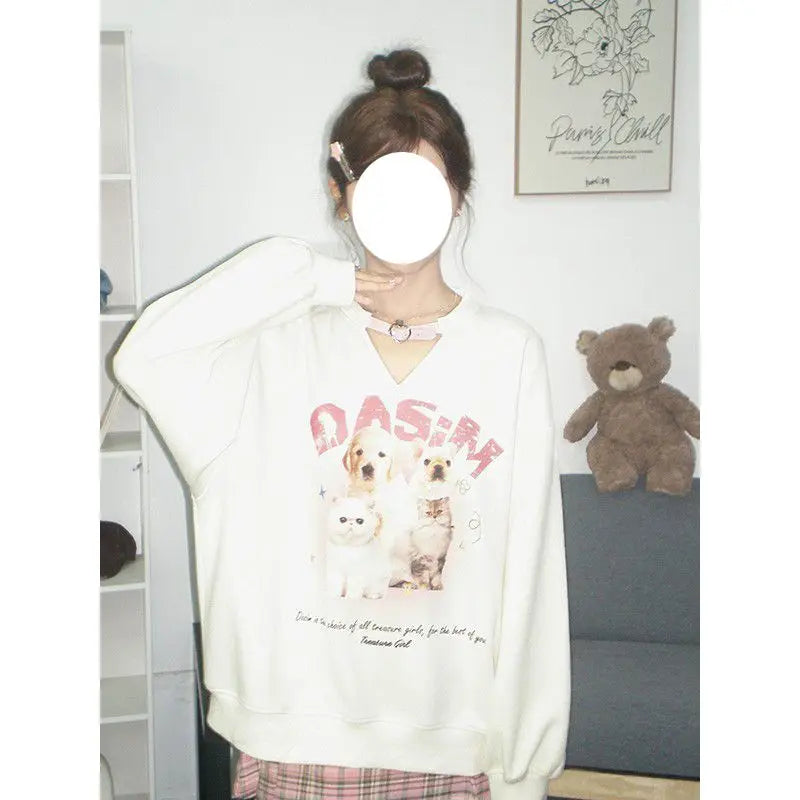 College-stijl schattige bedrukte fleece hoodie met lange mouwen voor dames en uniek ontwerp Sense Niche Loose