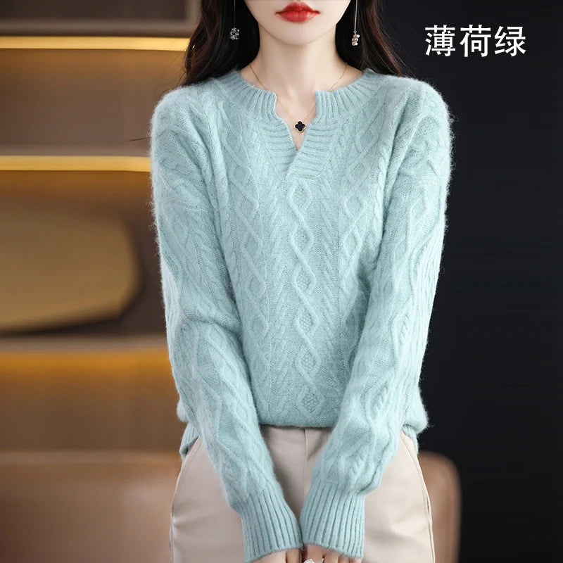 Pure Mink Cashmere Trui Dames V-hals Dikke Brei Trui Mode Jacquard