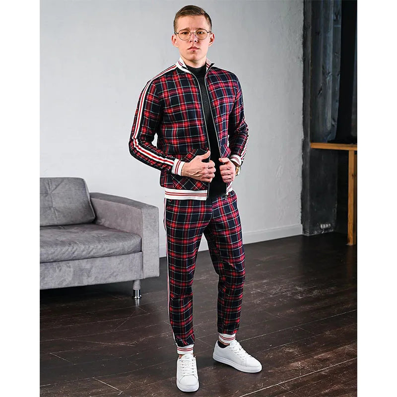 Mens Tracksuits Colorful Plaid Casual Zipper Hoodie Set 3D Print Set Autumn Male