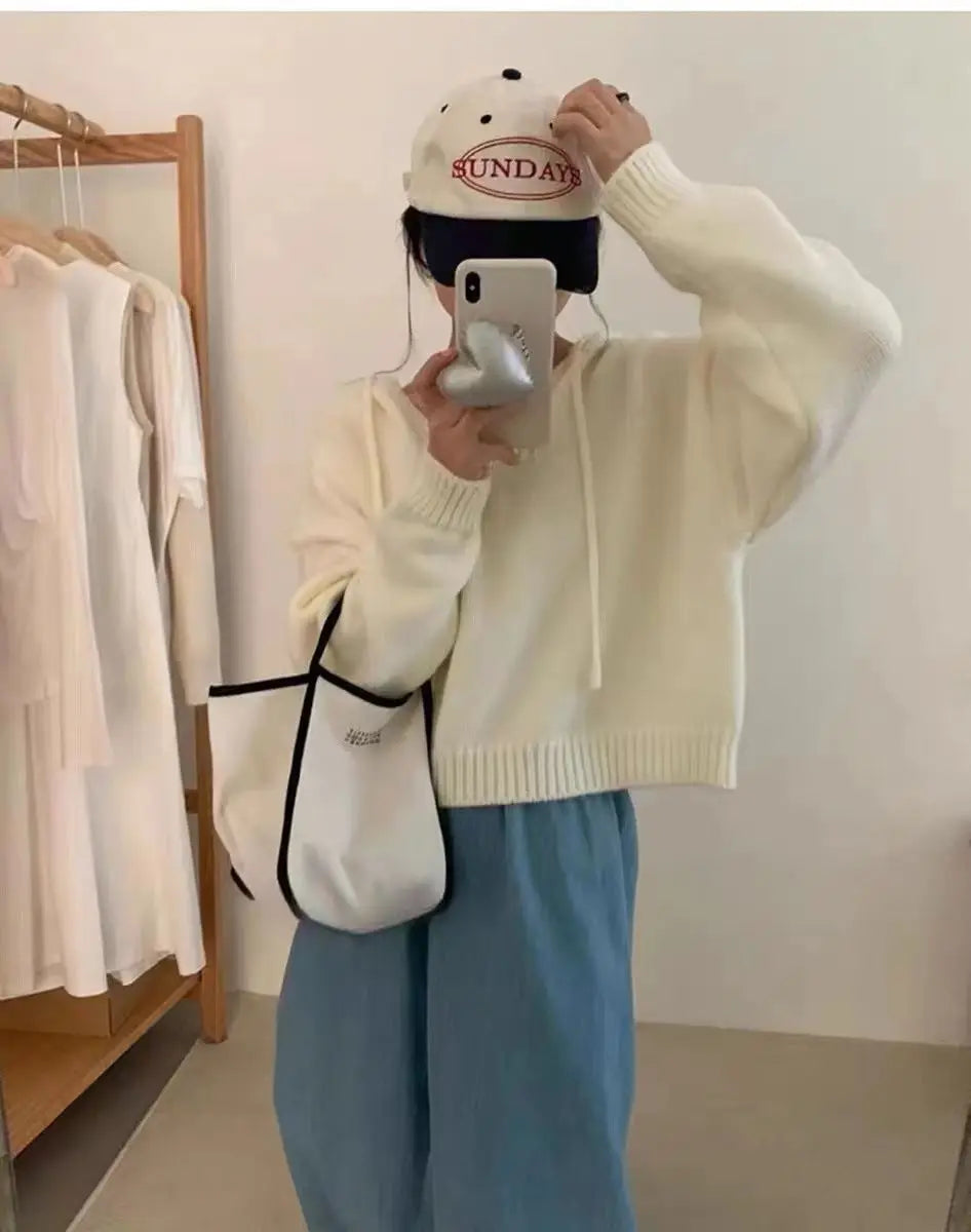 Koreaanse gebreide hoodie met capuchon, effen kleur, zachte en losse bedekking