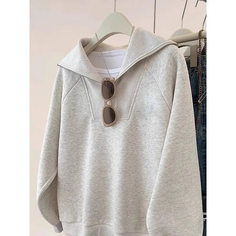 Large Size Age-reducing Cartoon Half-zipper Plus Velvet Sweatshirt Coat  Women Loose Slim Jacket