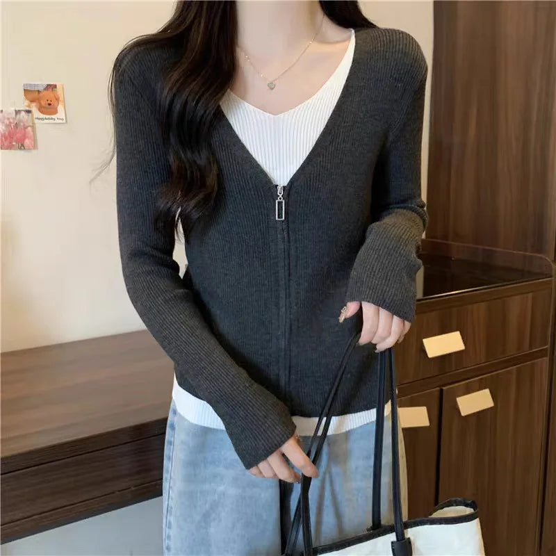 Mode valse tweedelige trui dames lente herfst mix kleur V-hals gebreid