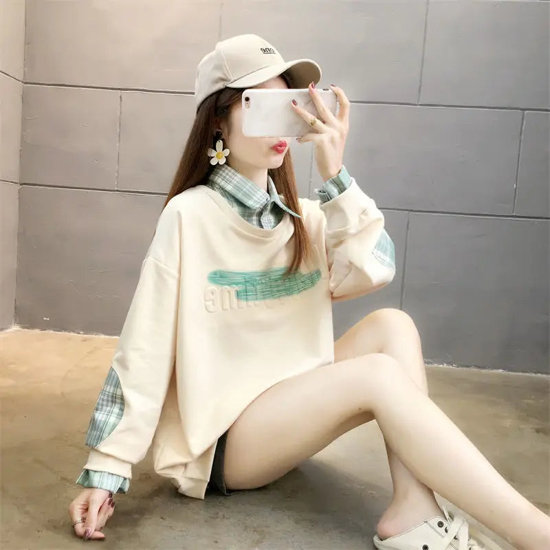 Fake Two Hoodies voor vrouwelijke studenten Koreaans ontwerp Patchwork Dun Lange mouwen Los Veelzijdig