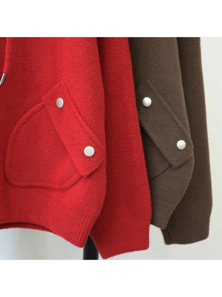 Herfst Winter Casual Losse Alle Maten Rits Gebreide Cardigan Rias Party Rood