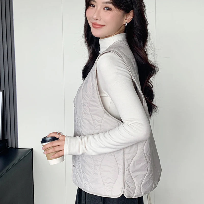 Lichtgewicht katoenen vestjas voor dames, Koreaanse V-hals, warm, mouwloos