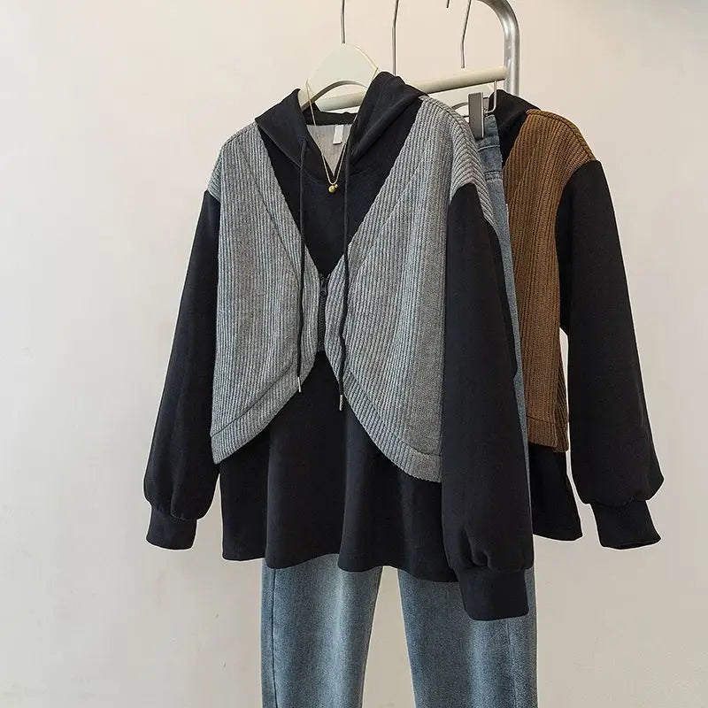 Hooded Fake Two-piece Spliced lange mouwen Sweatshirt Herfst en Winter Slim Top