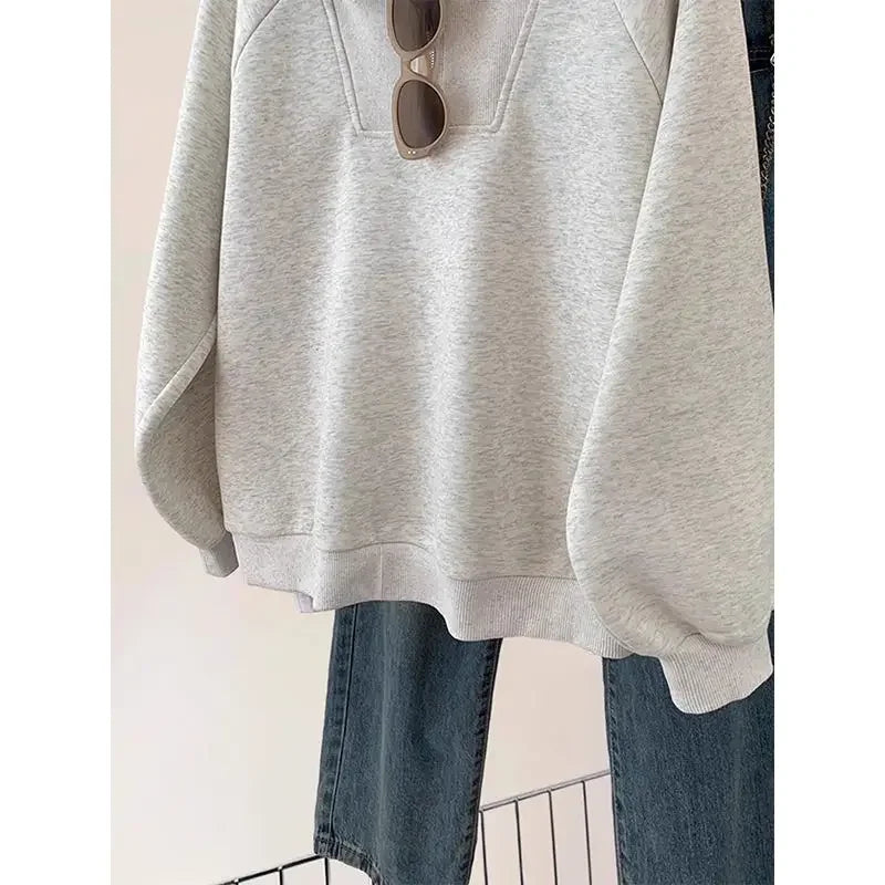 Large Size Age-reducing Cartoon Half-zipper Plus Velvet Sweatshirt Coat  Women Loose Slim Jacket