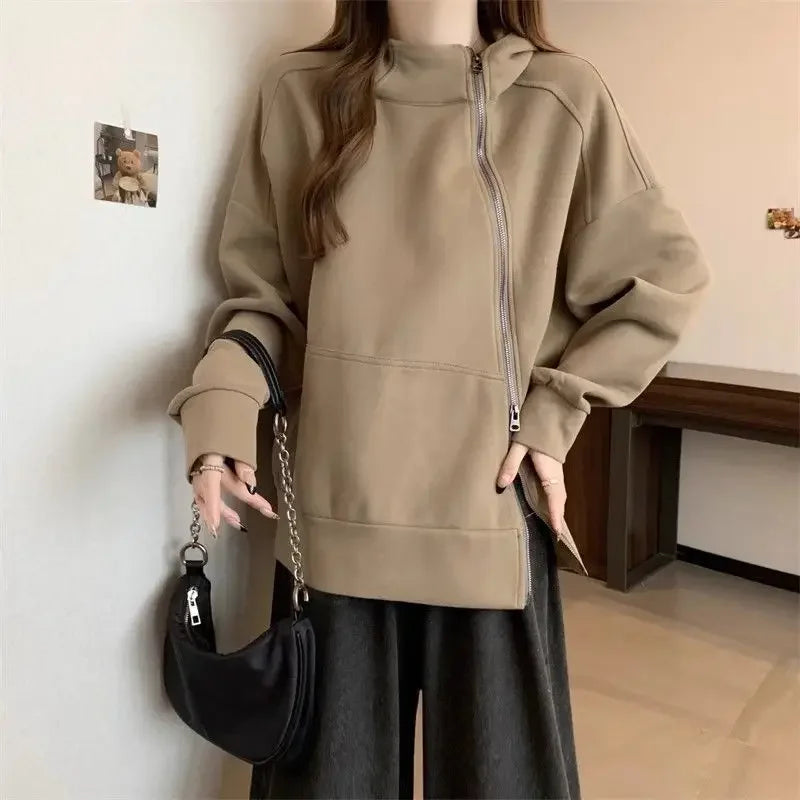 Plus Size Women Belly covering Hooded Diagonal Zipper Long sleeved Sweatshirt for Fat Girls Loose