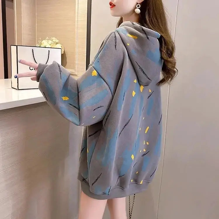 Hoodie met capuchon en flanellen stof voor dames, Koreaanse versie, losse top met middellange mouwen, jas in luie stijl