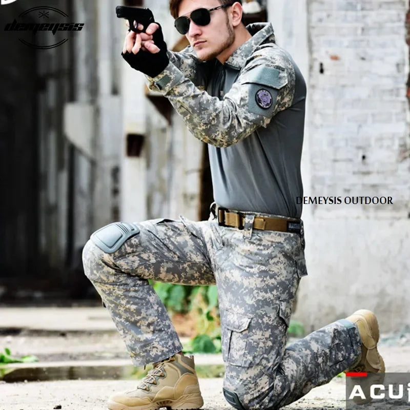 Woodland Camouflage Uniform Tactical Combat Suit Airsoft War Game Clothing Shirt + Pants Elbow