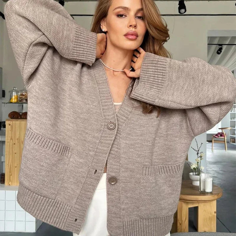 Gele gebreide single-breasted cardigan voor dames, lente/herfst, losse V-hals