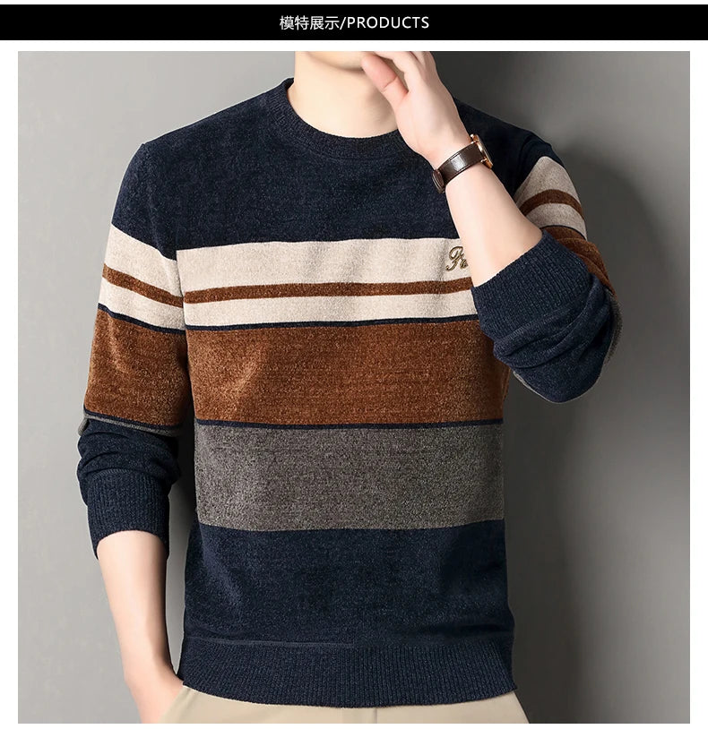 Mens Chenille Sweaters Fashion Knitting Pullover Striped Men s Autumn Winter Top Clothes Round
