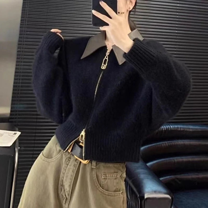 Dubbele ritsen gebreide cardigan dames chique patchwork korte trui tops vrouw