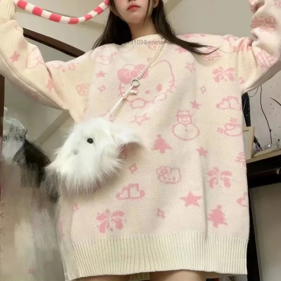 Kerst Hello Kitty schattige gebreide trui met sjaal voor vrouwen Y2k