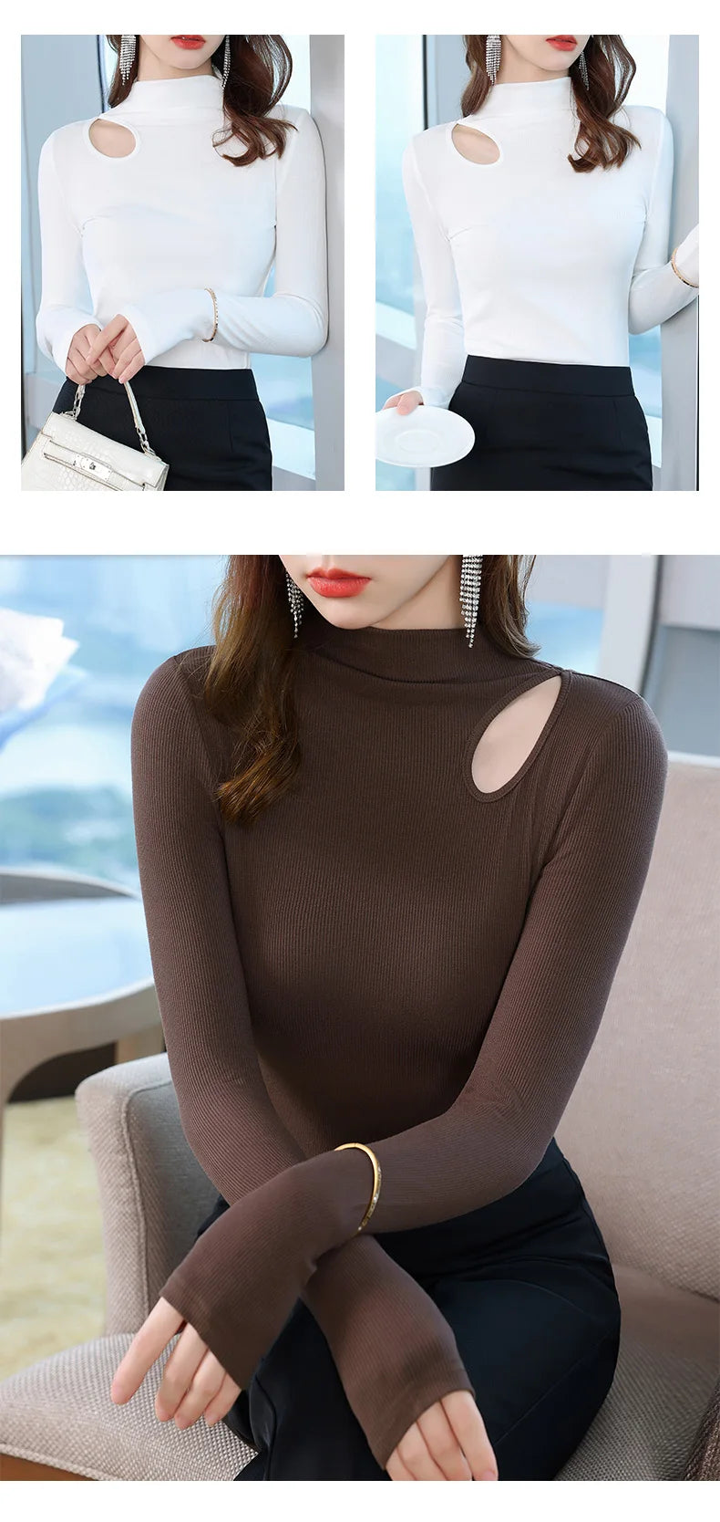 Dames Herfst Winter Bottoming Shirt Zwart Wit Casual Basic Slim Fluweel Thermisch