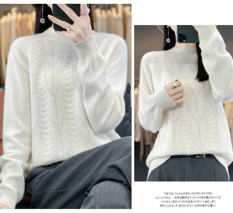 Women Stylish Simple Hollow Soft Cashmere Basic Knitted Sweater Solid O Neck Long Sleeve Loose