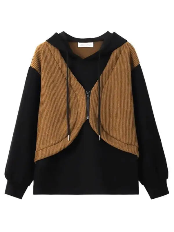 Hooded Fake Two-piece Spliced lange mouwen Sweatshirt Herfst en Winter Slim Top
