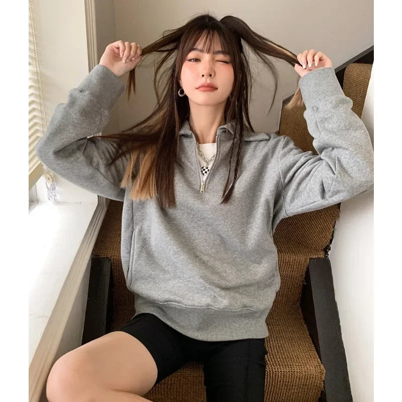 Herfst Winter BM Collar Polo Hoodie met rits voor dames met dikke fluweel en losse capuchon