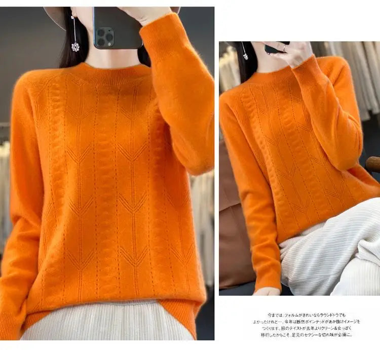 Women Stylish Simple Hollow Soft Cashmere Basic Knitted Sweater Solid O Neck Long Sleeve Loose