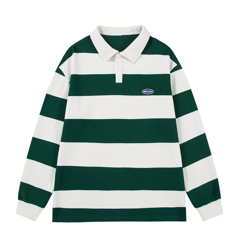 Loose Unisex Spring Autumn Trendy Striped Sweatshirt Cotton Polyester Material Couple Hong Kong