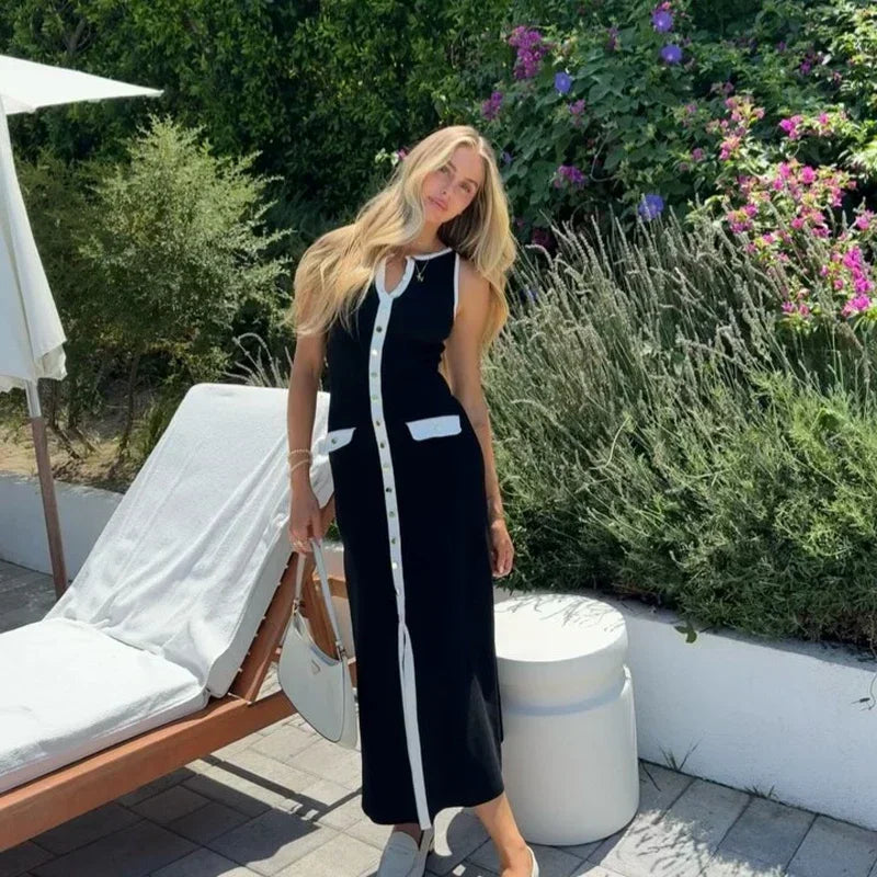 Elegante mouwloze enkelrijs geribbelde truien lange jurk voor dames hoog