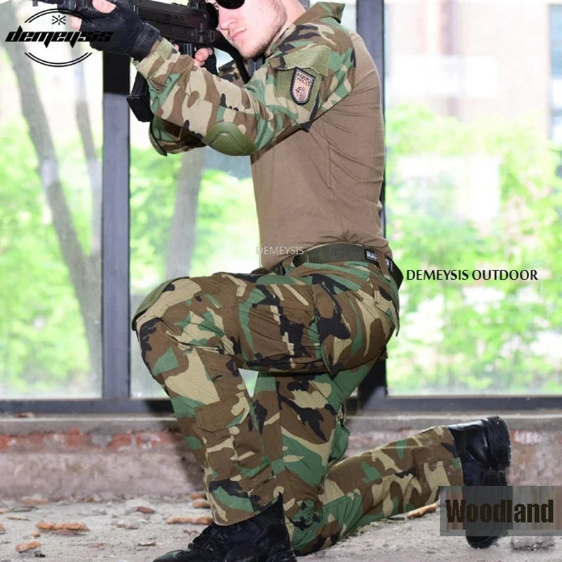 Woodland Camouflage Uniform Tactical Combat Suit Airsoft War Game Clothing Shirt + Pants Elbow