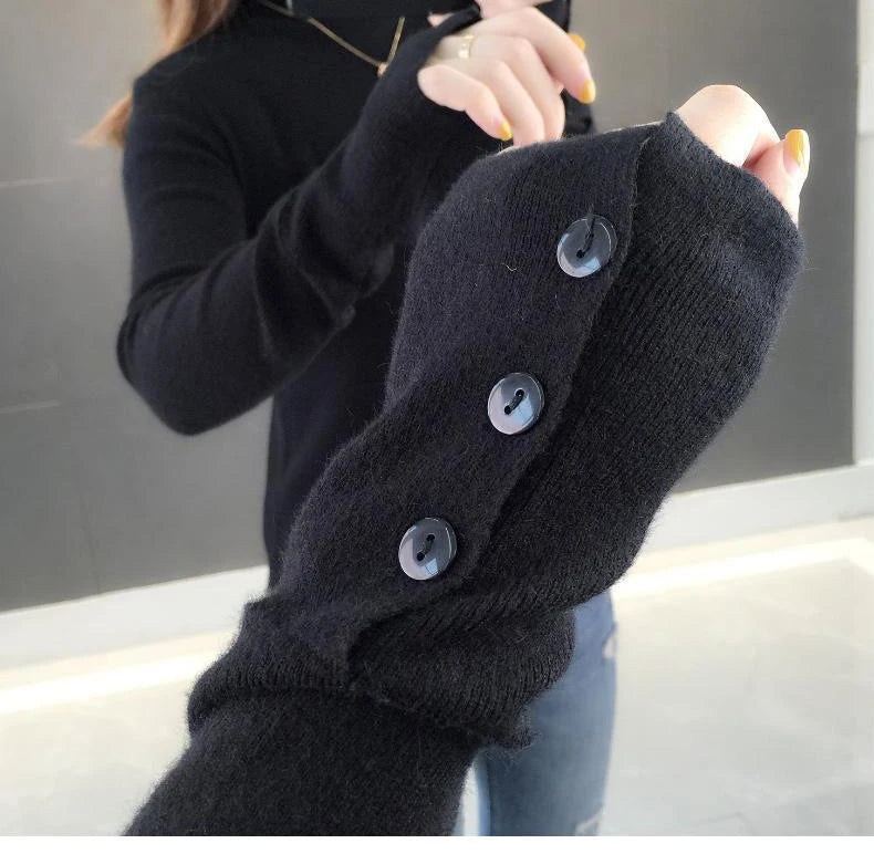 Heliar Dames Turtleneck Knopen Effen Warme Trui Lange Mouw Gebreid Basic