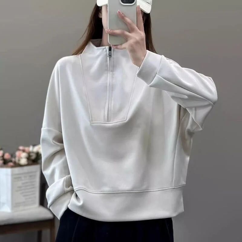 Fashionable and Casual Stand up Collar Sweatshirt Women in Spring and Autumn Loose Semi zipper