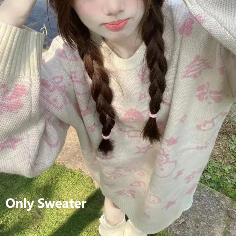 Kerst Hello Kitty schattige gebreide trui met sjaal voor vrouwen Y2k