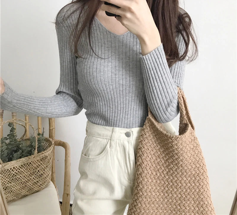 Heliar Dames V-hals Slim Sexy Trui Gebreid Lange Mouw Effen Onderkant Trui