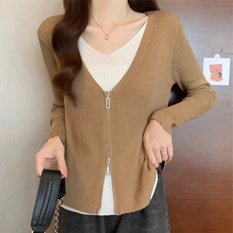 Mode valse tweedelige trui dames lente herfst mix kleur V-hals gebreid