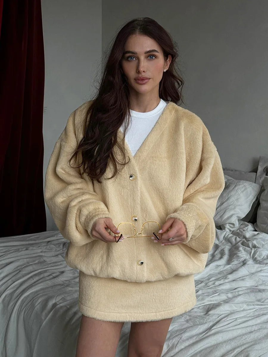 Bornladies Women s Plush V neck Knit Cardigan Short Skirt Set Autumn Winter