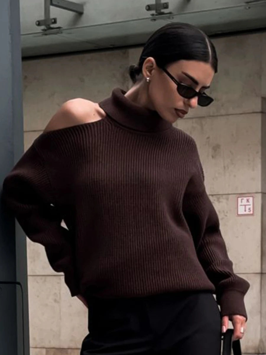 Bornladies Dames coltrui met uitgesneden schouders, lange mouwen en geribbelde breisels