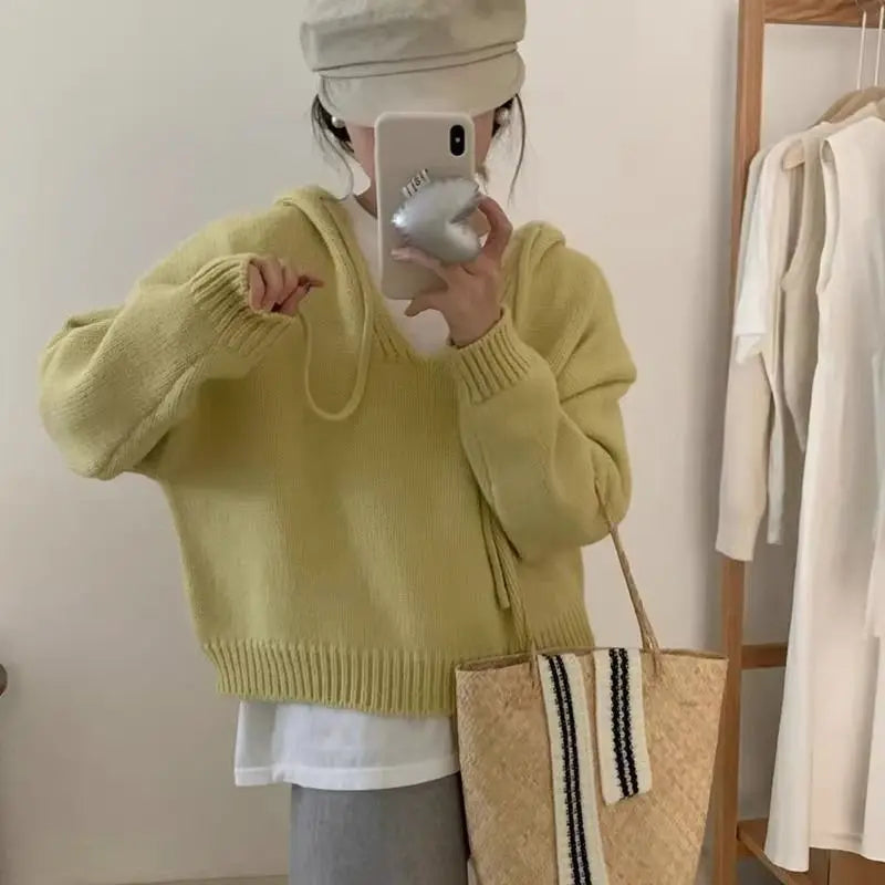 Koreaanse gebreide hoodie met capuchon, effen kleur, zachte en losse bedekking