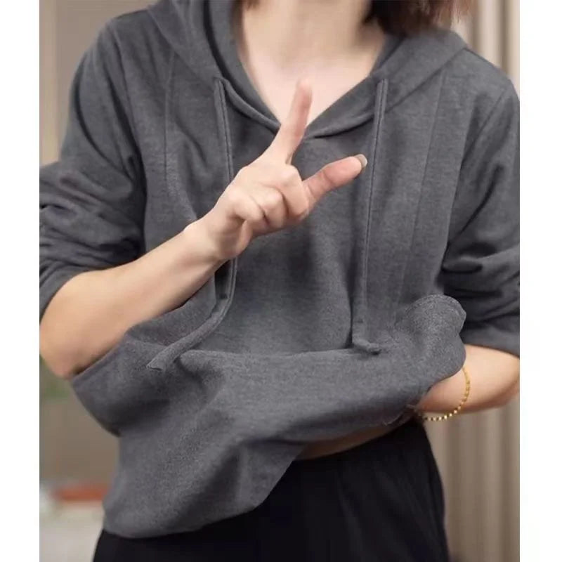 Large Pocket Meat covering Hooded Sweatshirt Women s Spring and Autumn Style Loose Hips Wear Tops