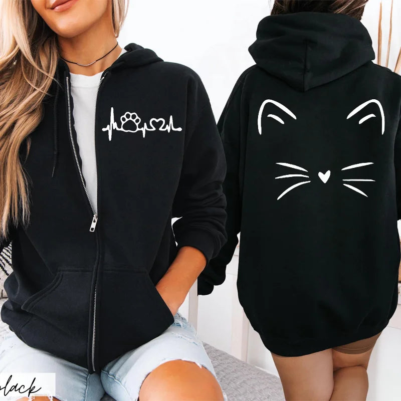 Dames Hoodie met Ritssluiting, Herfst Winter, Schattige Kat, Heatbeat Sweatshirt, Hiphop