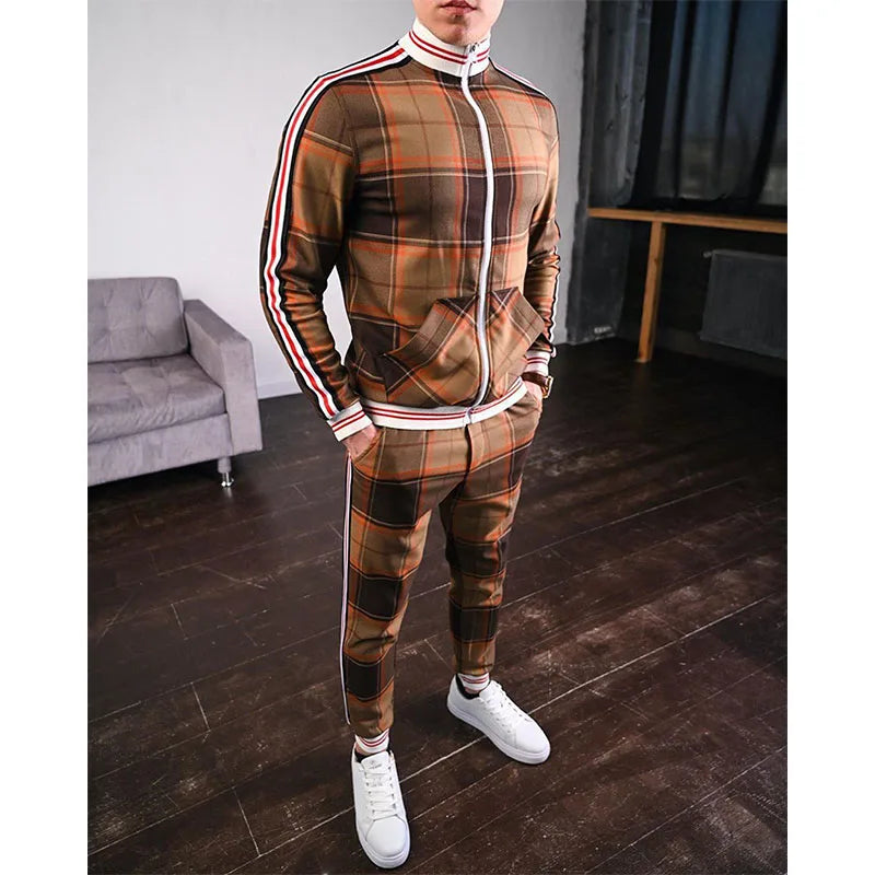 Mens Tracksuits Colorful Plaid Casual Zipper Hoodie Set 3D Print Set Autumn Male