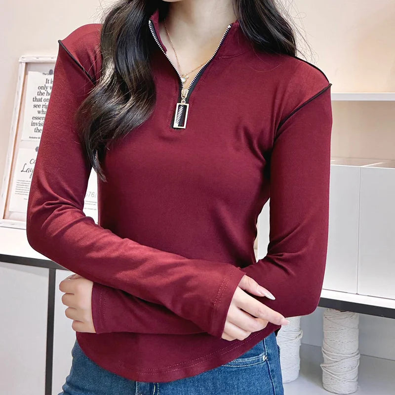 Koreaanse ritsen lange mouwen T-shirt voor vrouwen staande kraag slim fit trui vrouw