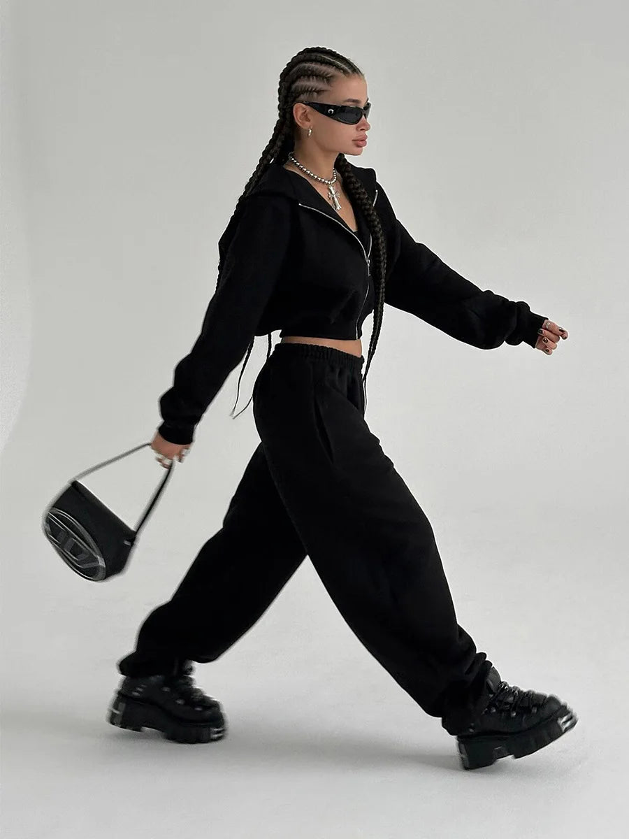 Bornladies Dames Cropped Hoodie Sweatpants Set Losse Trekkoord Taille Ritssluiting