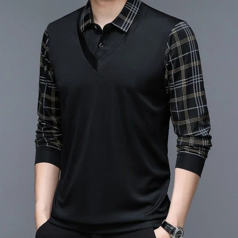Spring Long Sleeve Polo Men s T shirt Turn down Collar Loose Solid Plaid Fashion