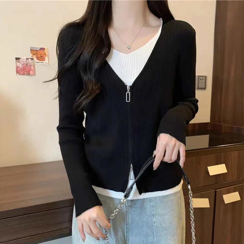 Mode valse tweedelige trui dames lente herfst mix kleur V-hals gebreid