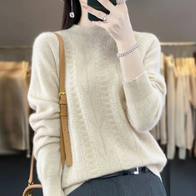 Women Stylish Simple Hollow Soft Cashmere Basic Knitted Sweater Solid O Neck Long Sleeve Loose
