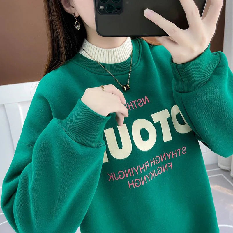 Dames Winter Koreaanse Letter Gedrukt Halfhoge Kraag Dikke Warme Streetwear Sweatshirt Vrouwelijke Casual