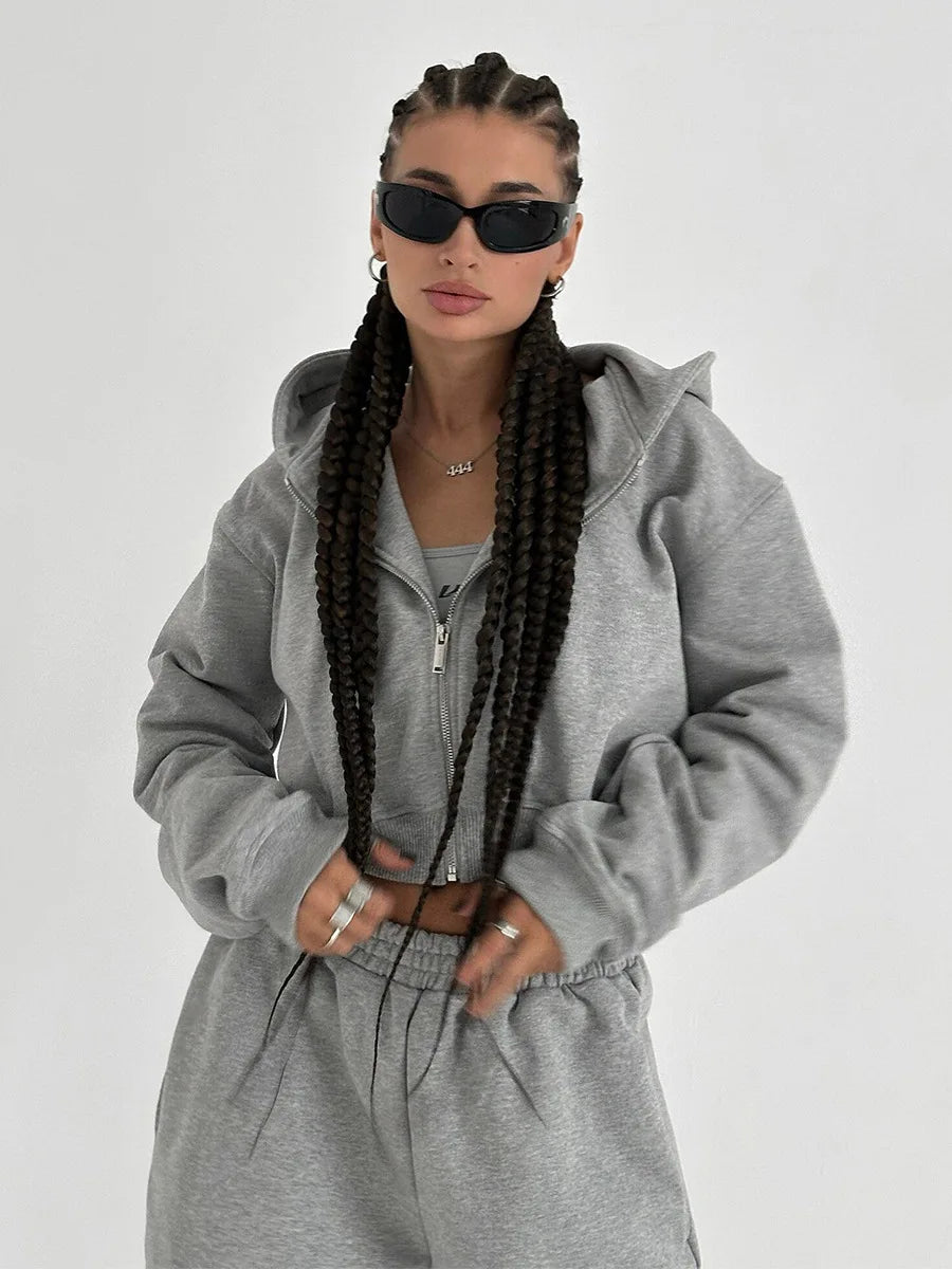 Bornladies Dames Cropped Hoodie Sweatpants Set Losse Trekkoord Taille Ritssluiting